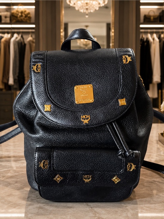 Authentic MCM Black Leather Studded Backpack Gold Hardware Drawstring Flap Bag